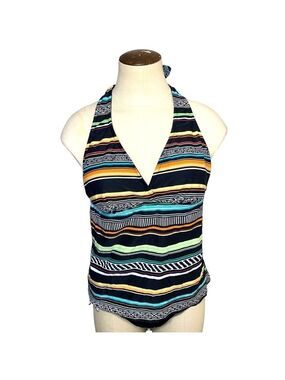 Captiva Halter Neck Tankini Swim Top Black Colorful Tribal Stripes Sz L Beach